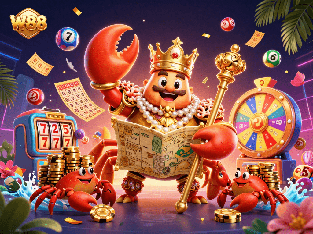 Engage in thrilling W88 experiences with a vibrant scene of a golden crab emperor amidst casino games and lottery elements.
