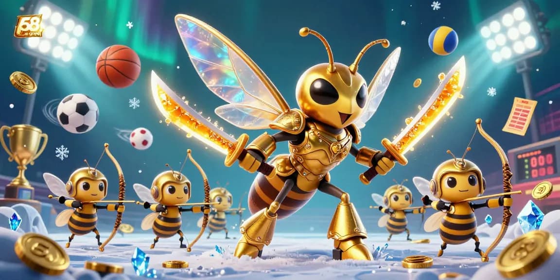Experience the excitement of 68win game with this vibrant 3D illustration showcasing dynamic sports elements and a heroic hornet.