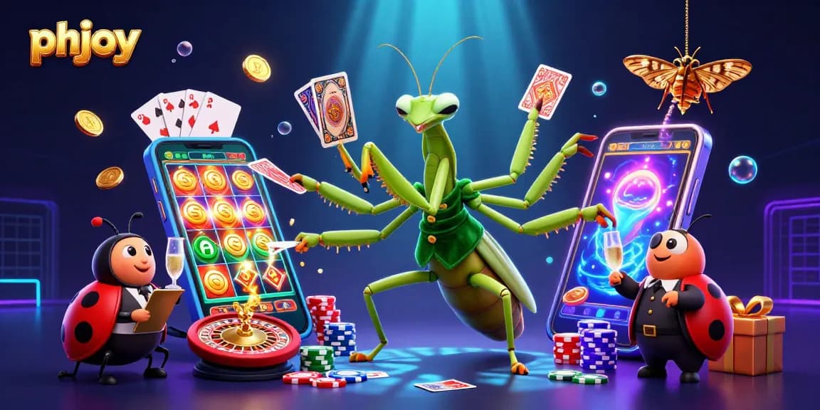 Engage with phjoy's vibrant casino world through a dynamic 3D illustration featuring a praying mantis and ladybug in action.