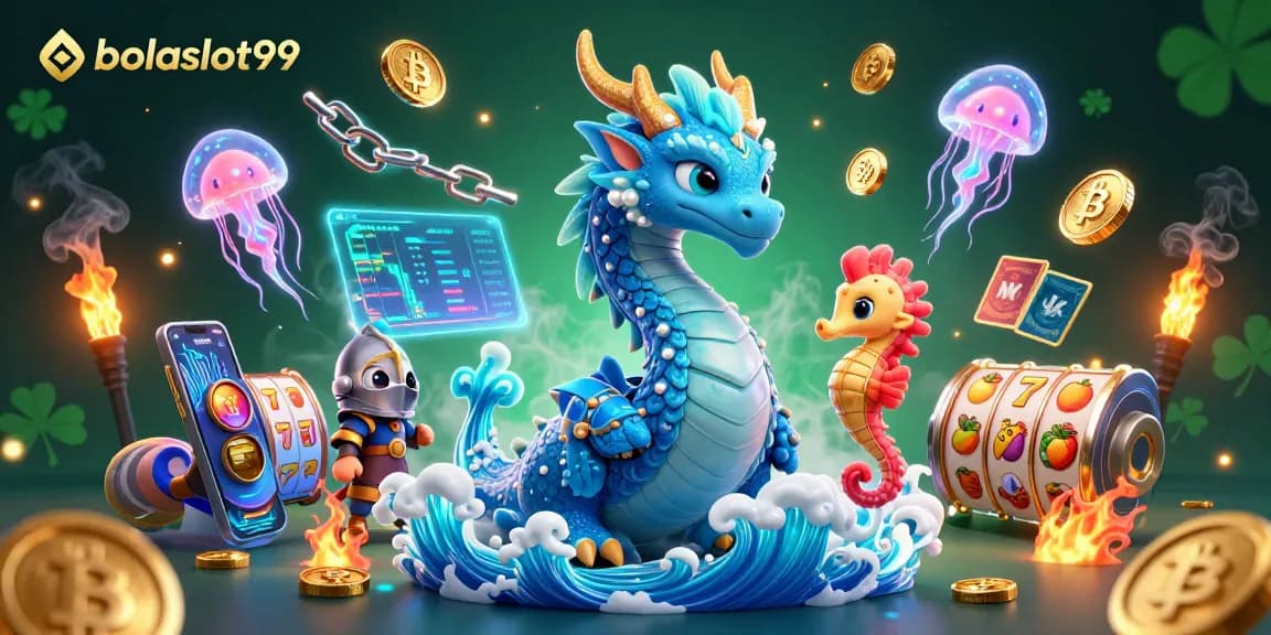 Bolaslot99 showcases a vibrant 3D scene with a water dragon, seahorse knight, and neon jellyfish, highlighting slot gaming elements.