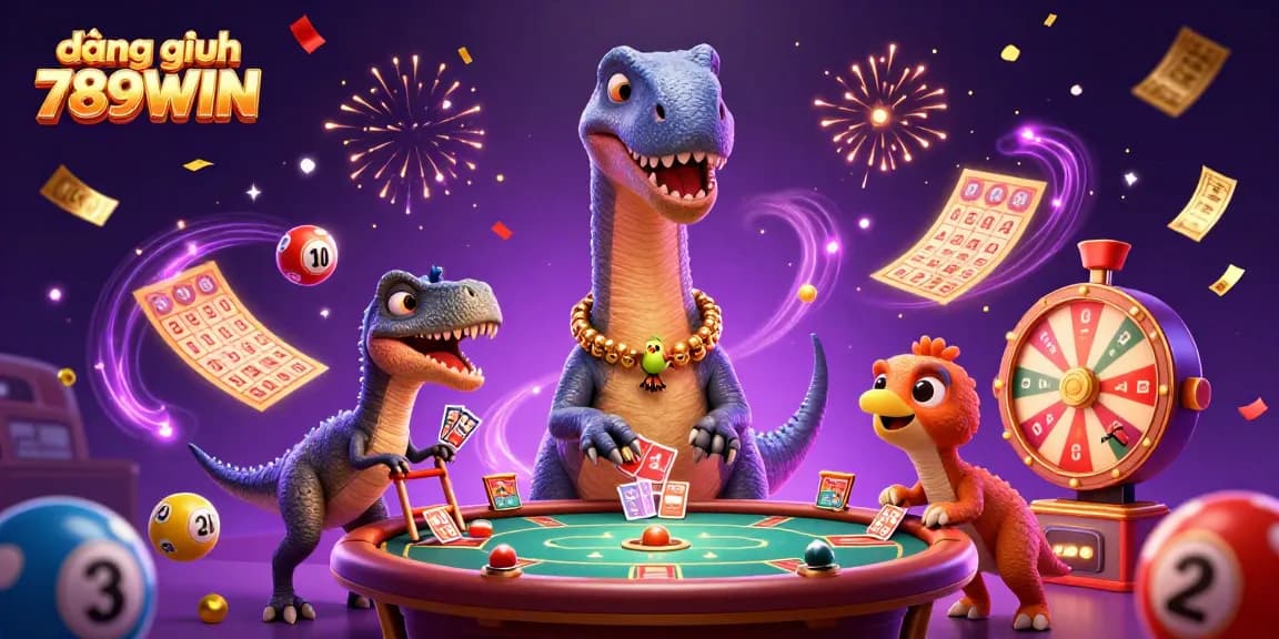 Engage with đăng nhập 789WIN, featuring a playful brontosaurus overlaying a vibrant casino scene.