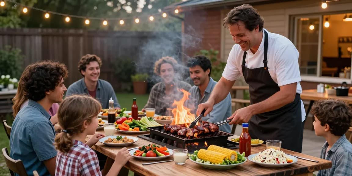 Momen kebersamaan di BBQ luar ruangan dengan BOS 88 sebagai menu utama, dikelilingi oleh sayuran segar dan saus homemade.