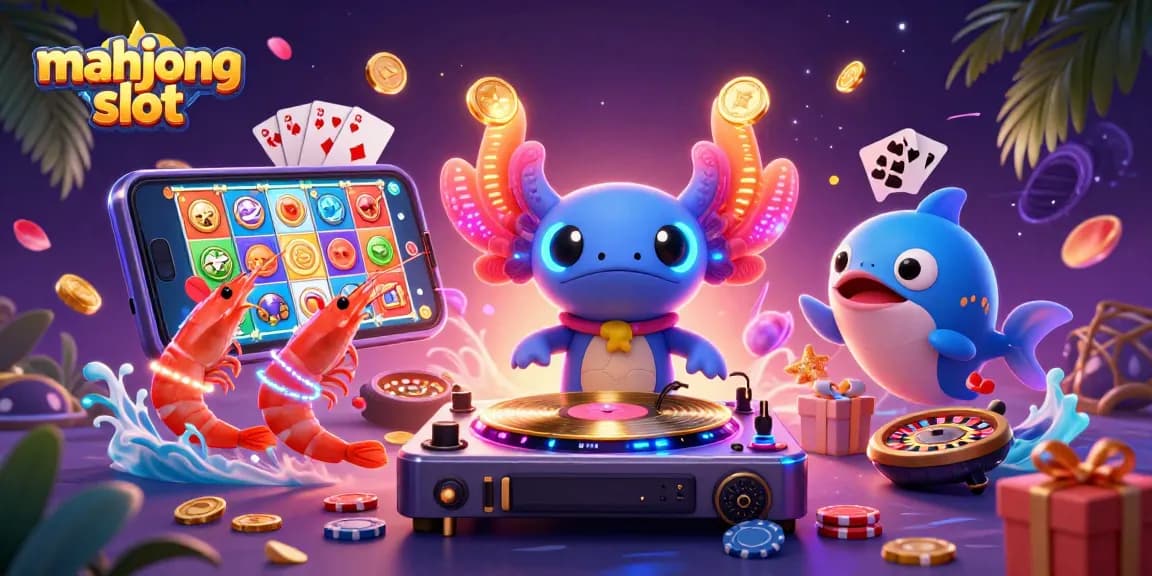 Spin and win with mahjong slot in a vibrant underwater party scene featuring a DJ axolotl.