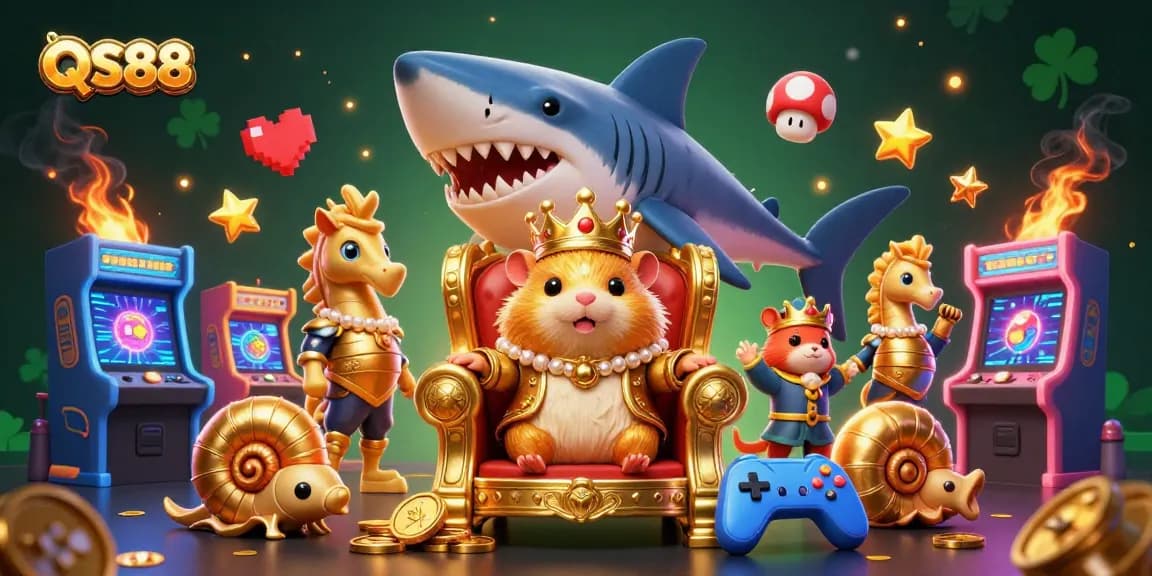 Experience the excitement of QS88 with a vibrant casino-themed illustration featuring a golden hamster king and dynamic gaming elements.