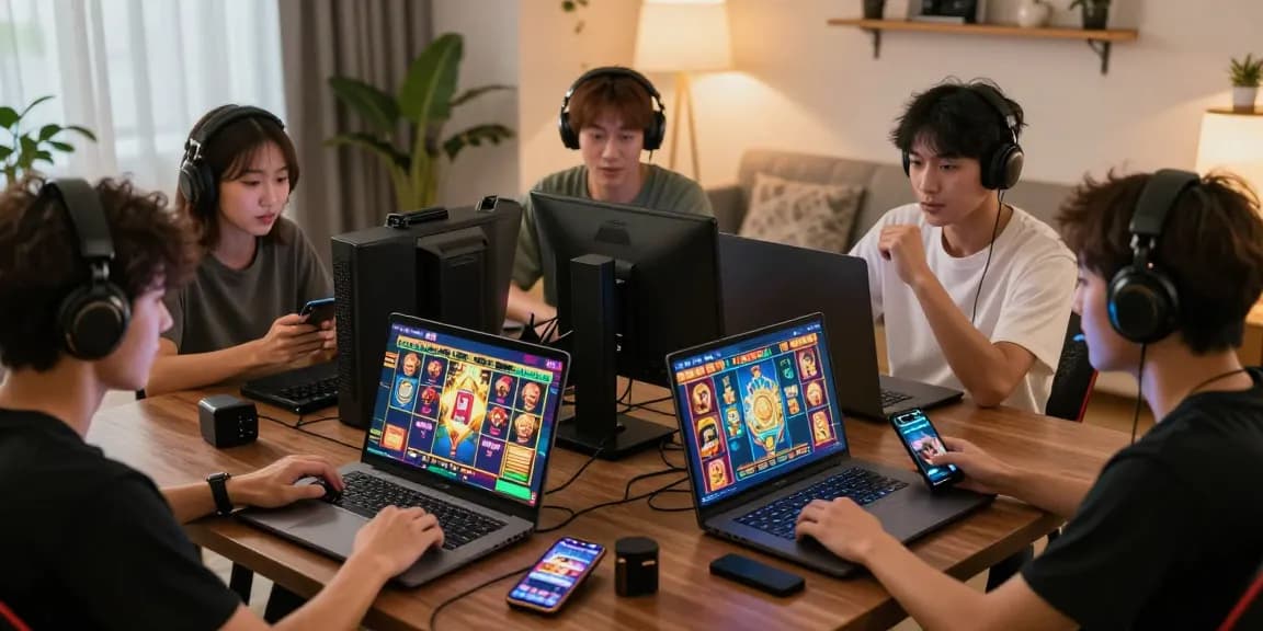 Login Modal138: Pemain slot online menikmati pengalaman seru di rumah dengan laptop dan perangkat mobile.