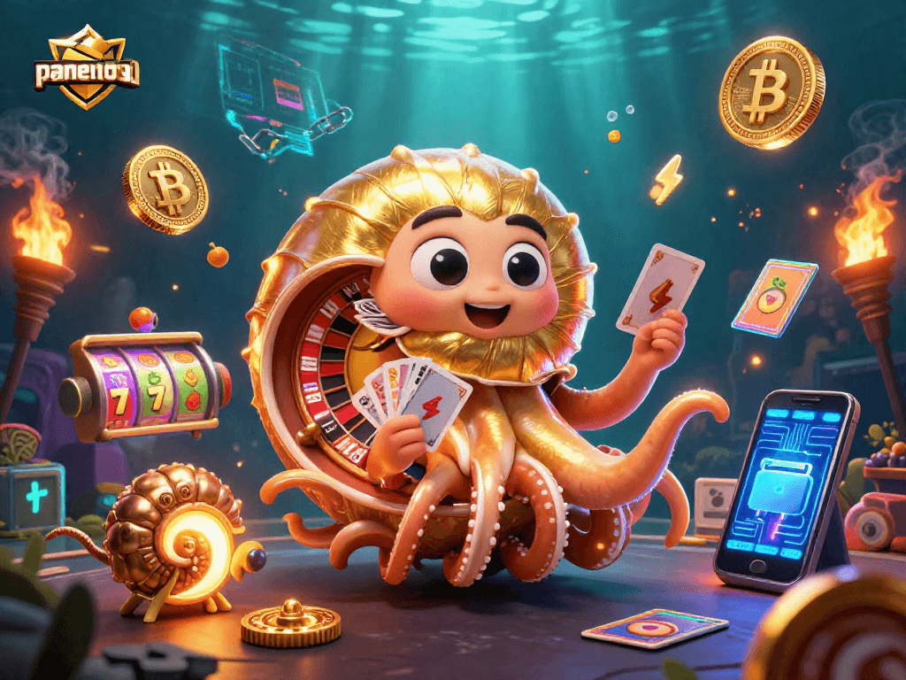 Engage with panentogel in a vibrant 3D scene featuring a giant nautilus roulette wheel along with glowing crypto coins and slot elements.
