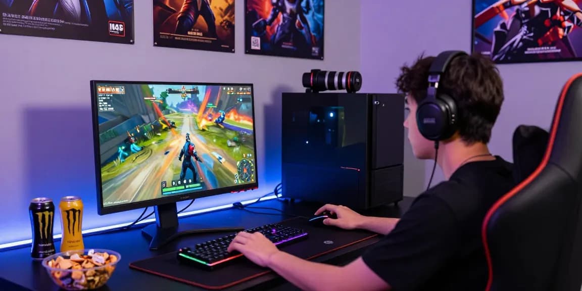 Seorang pemain sniperslot beraksi dalam suasana gaming yang dinamis dengan monitor berkualitas tinggi.