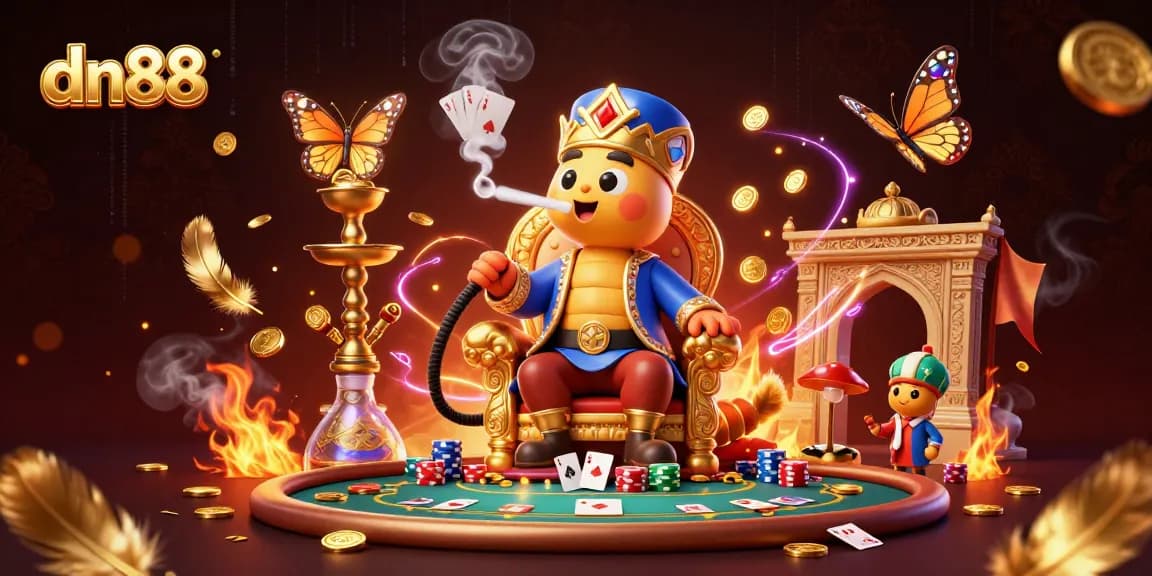 Win big with dn88 in a vibrant casino scene featuring a hookah-master and poker elements.