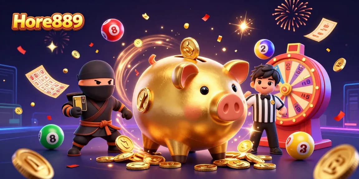 Hore889's vibrant casino scene showcases a golden piggy bank sumo wrestler amidst dynamic gaming elements.