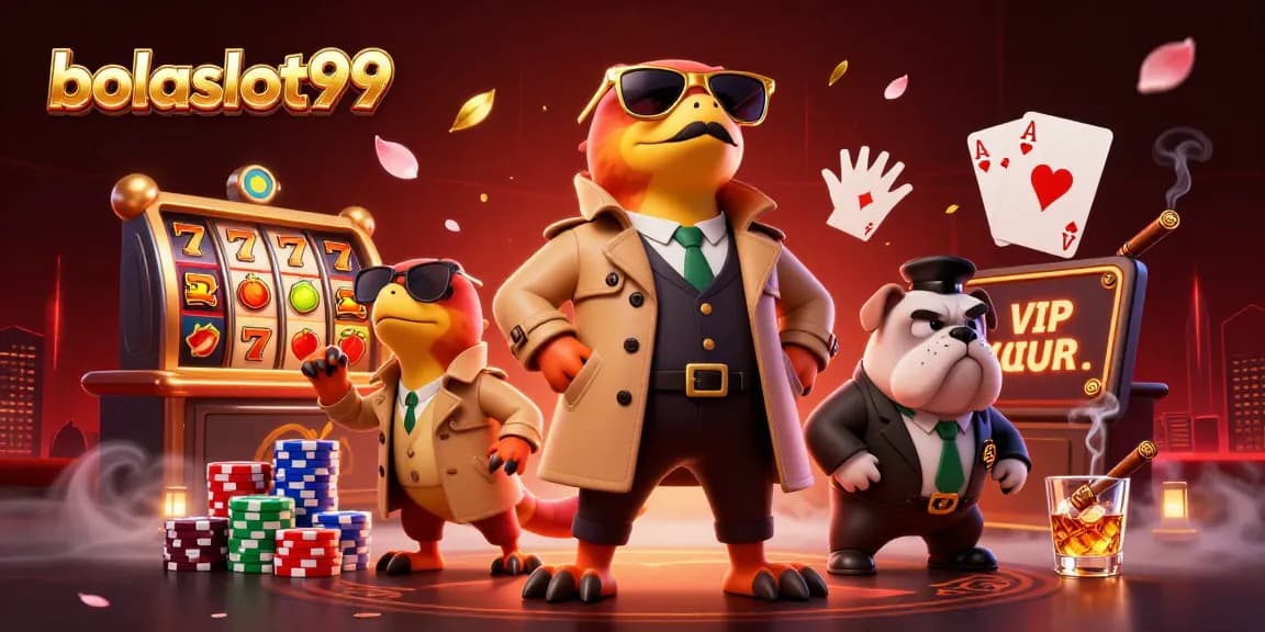 Bolaslot99 illustrates cartoon raptors in a trench coat at a casino lounge with poker dynamics.