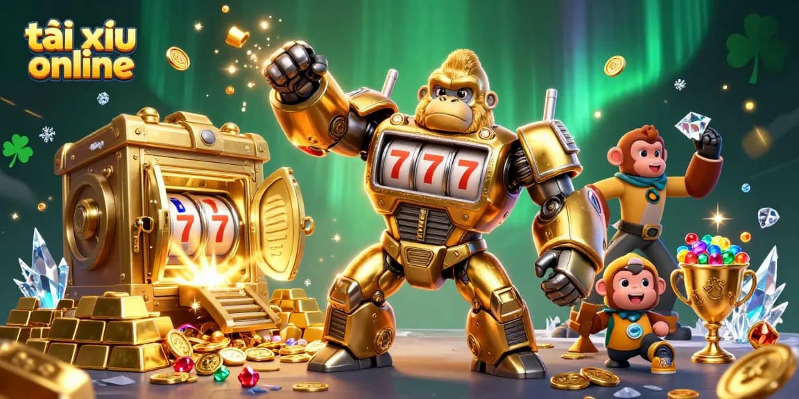 Engaging scene of tài xỉu online gameplay featuring a golden gorilla mech and treasure vaults.