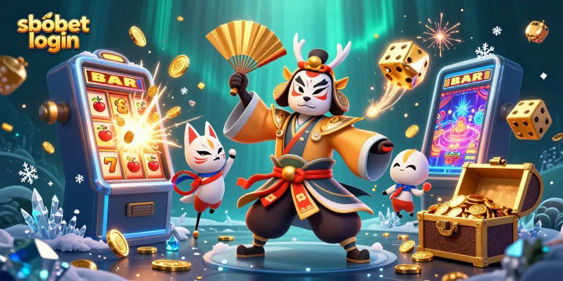 Experience the thrill of sbobet login with vibrant casino action and winning elements in this dynamic illustration.