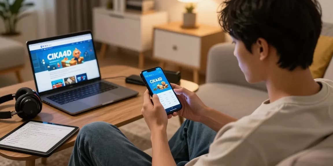 CIKA4D user enjoying Mahjong online on a smartphone in a cozy home setting.
