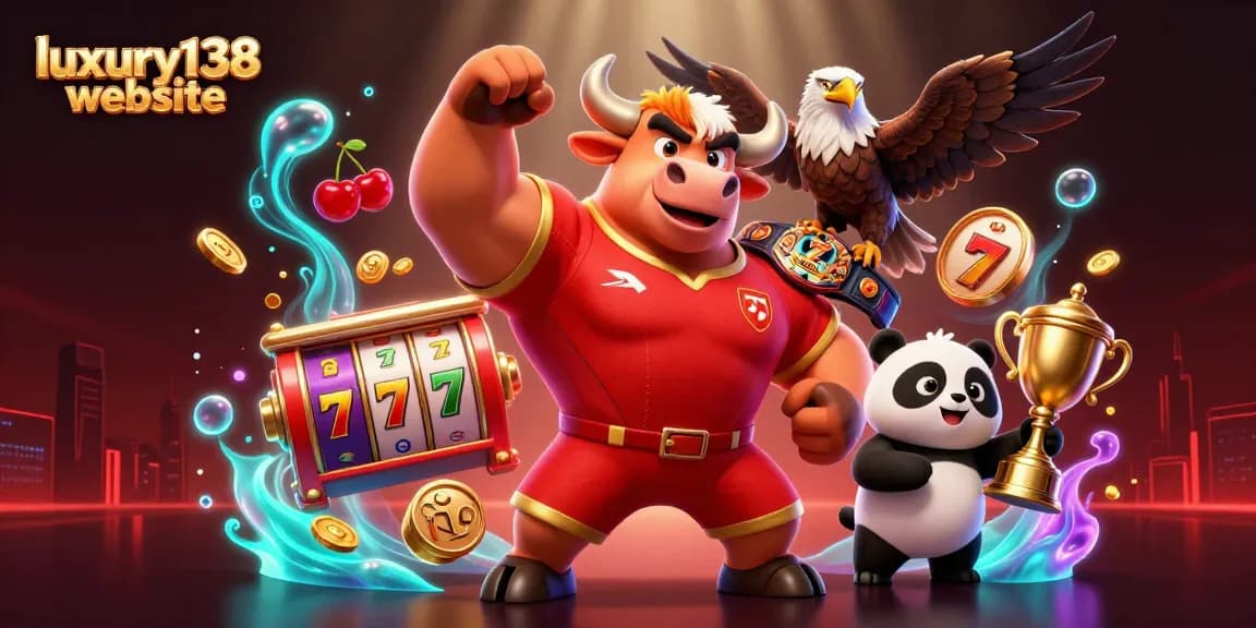 Experience excitement at the luxury138 website with dynamic slot games and cheerful casino mascots.