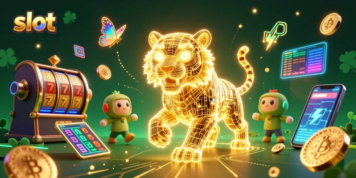 Spin the slot reels with a golden tiger and vibrant digital elements in a dazzling casino.