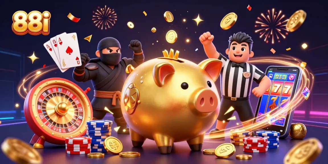 Experience gamified fun with 88i, featuring oversized characters amidst vibrant casino elements.