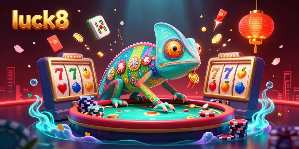 Experience thrilling gameplay with luck8’s enchanting chameleon casino owner amidst vibrant slot reels and dazzling game elements.