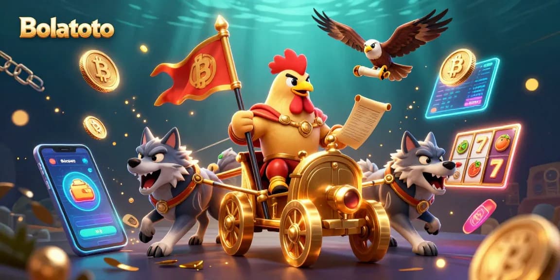 Engage with Bolatoto's thrilling slot experience featuring a rooster warlord and golden coins.