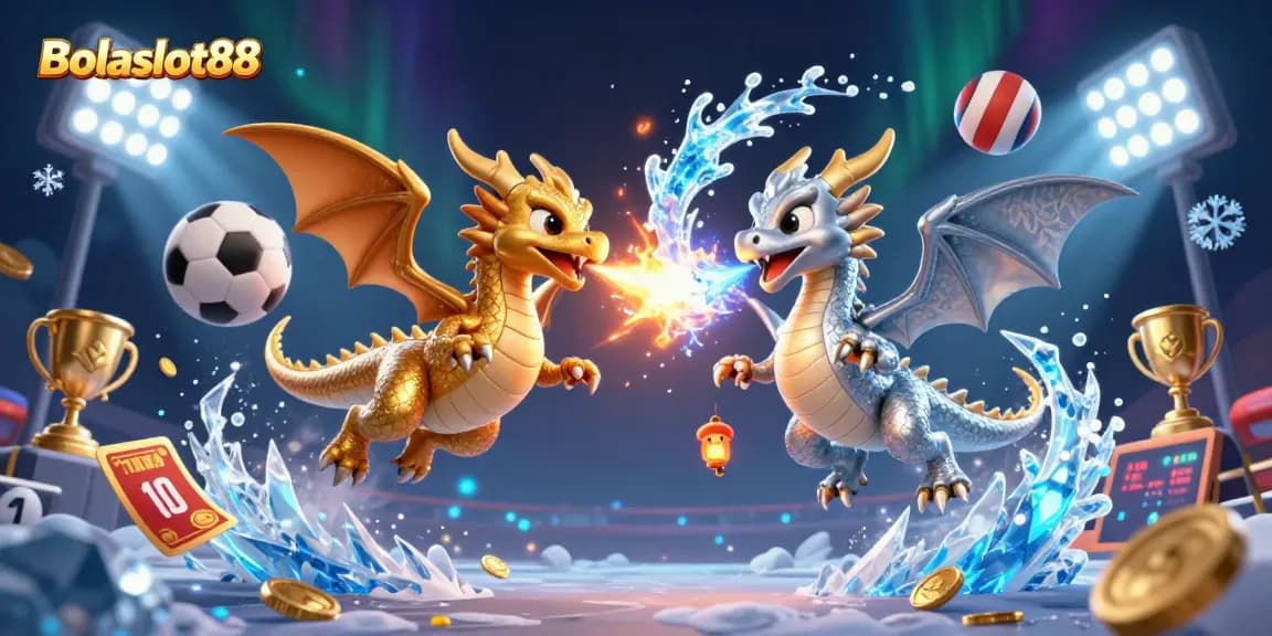 Bolaslot88 offers thrilling casino action with twin dragons breathing fire and ice amidst dynamic sports elements.