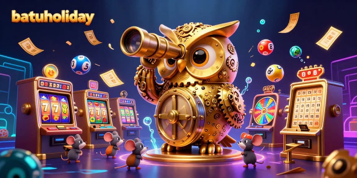 Experience the excitement of batuholiday as the golden owl oversees a bustling casino floor with vibrant slot machines.