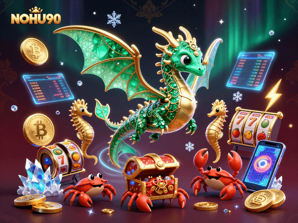 NoHU90 showcases a vibrant casino-themed underwater scene with a sea dragon, casino elements, and crypto coins.