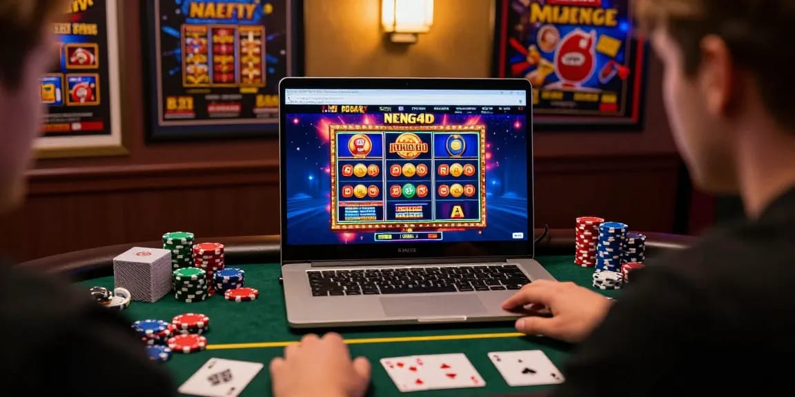 Pengguna NENG4D sedang menikmati permainan slot online dengan perangkat komputernya.
