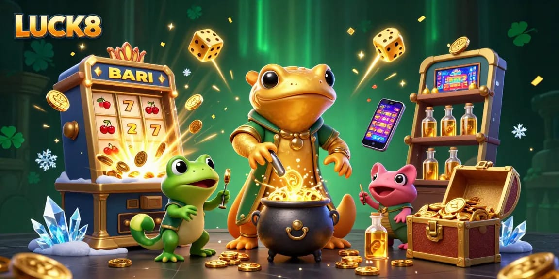 LUCK8 showcases a vibrant casino scene with a golden salamander alchemist creating jackpots.