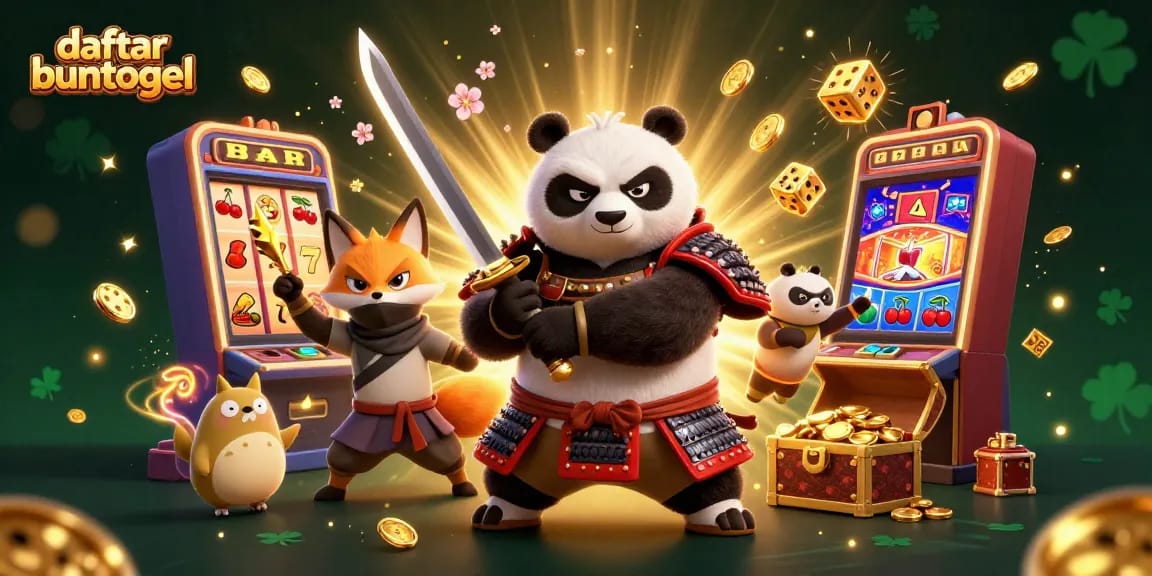 Engage with daftar buntogel as the samurai panda battles luck with slots and shuriken in a vibrant casino scene.