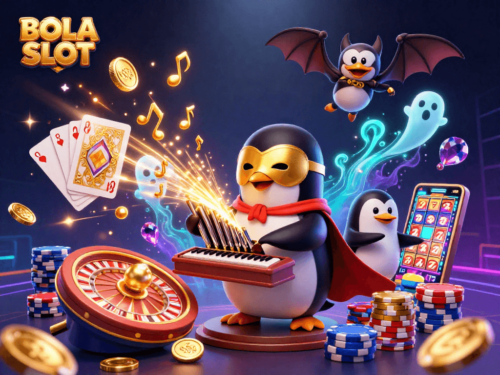Experience BOLA SLOT's thrilling atmosphere with vibrant casino elements and a playful penguin character.