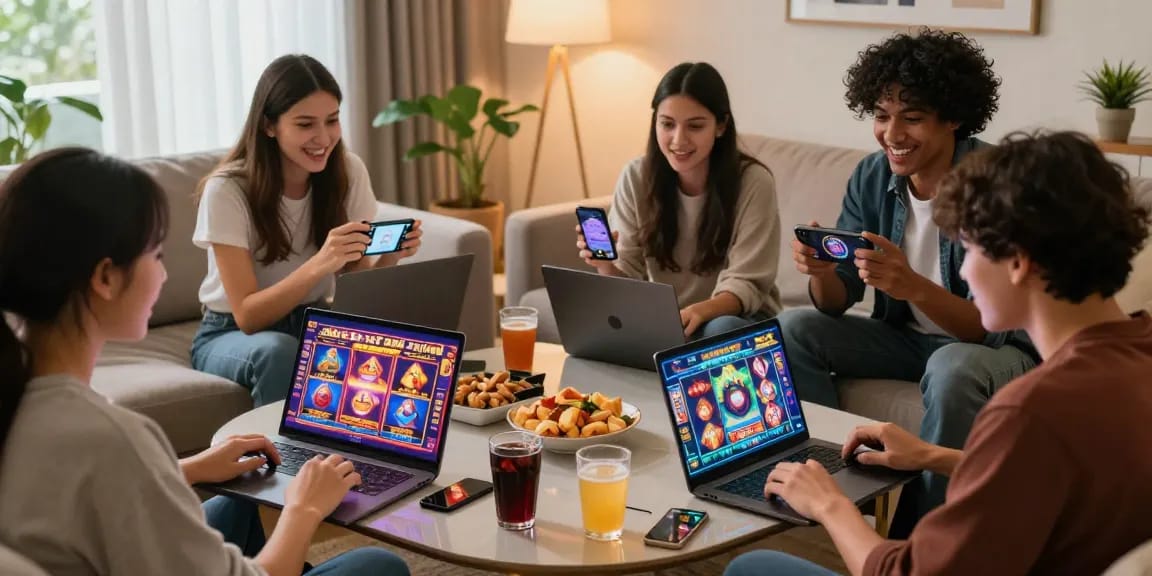 Situs slot raffi ahmad gaming scene with friends enjoying online slots in a modern living room.