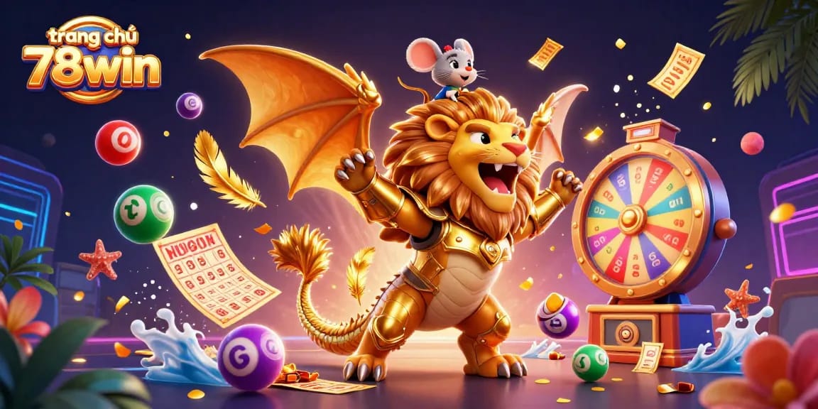 Experience the exciting atmosphere of trang chủ 78win with dynamic slots, jackpots, and roulette action in a vibrant illustration.