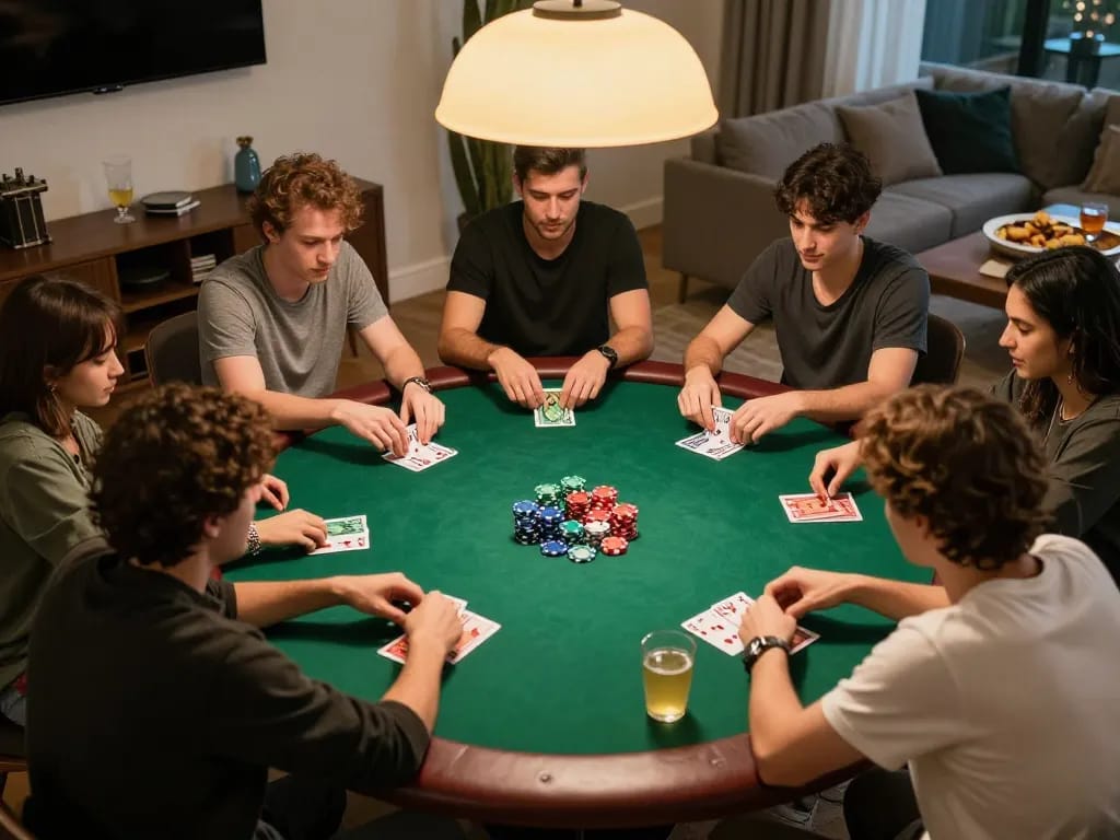 Players enjoying a lively poker game at home, highlighting the cm88 gaming experience with cards and chips.