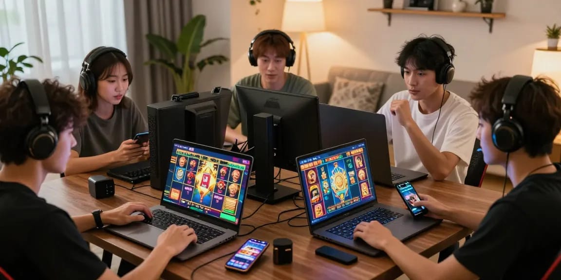 Login Modal138: Pemain slot online menikmati pengalaman seru di rumah dengan laptop dan perangkat mobile.