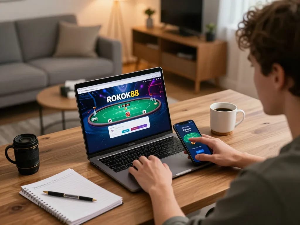 ROKOK88 login interface displayed on laptop while a player engages in strategic online gambling