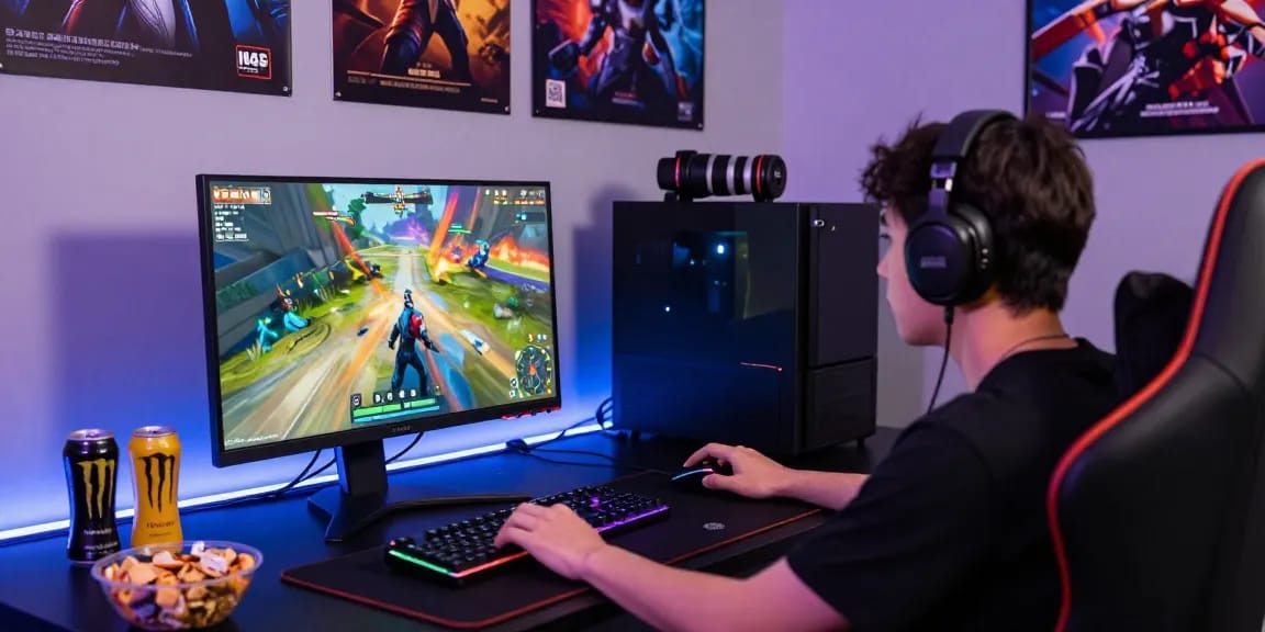 Seorang pemain sniperslot beraksi dalam suasana gaming yang dinamis dengan monitor berkualitas tinggi.