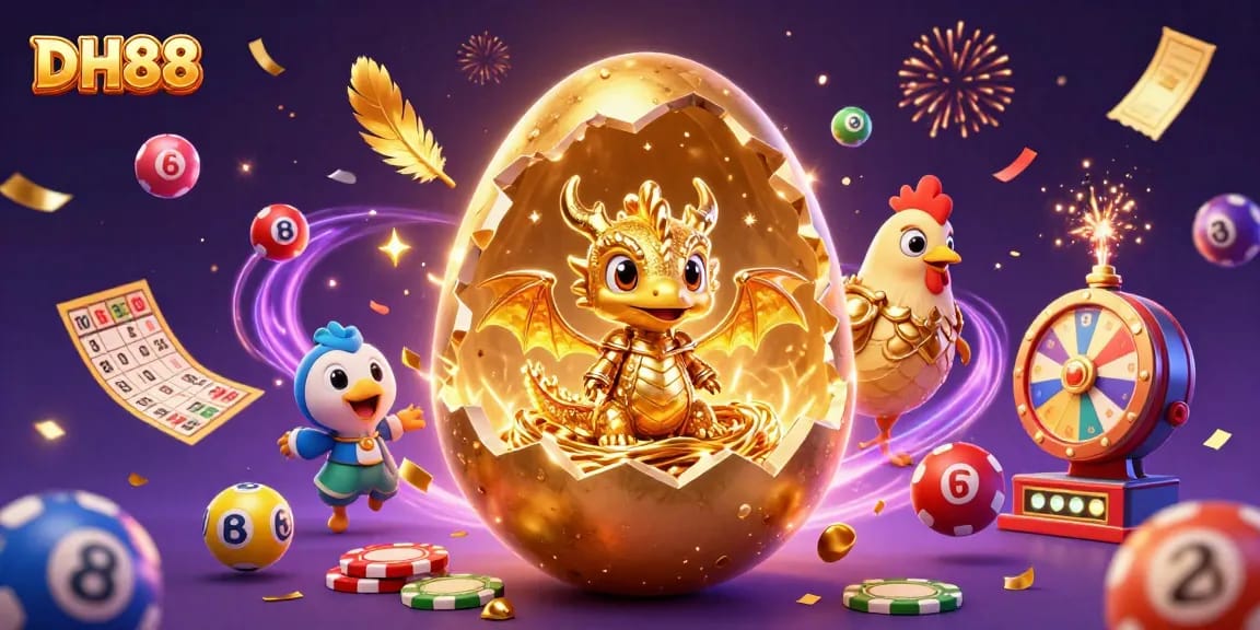 Engage with DH88's thrilling casino scene featuring a golden egg and poker chips.