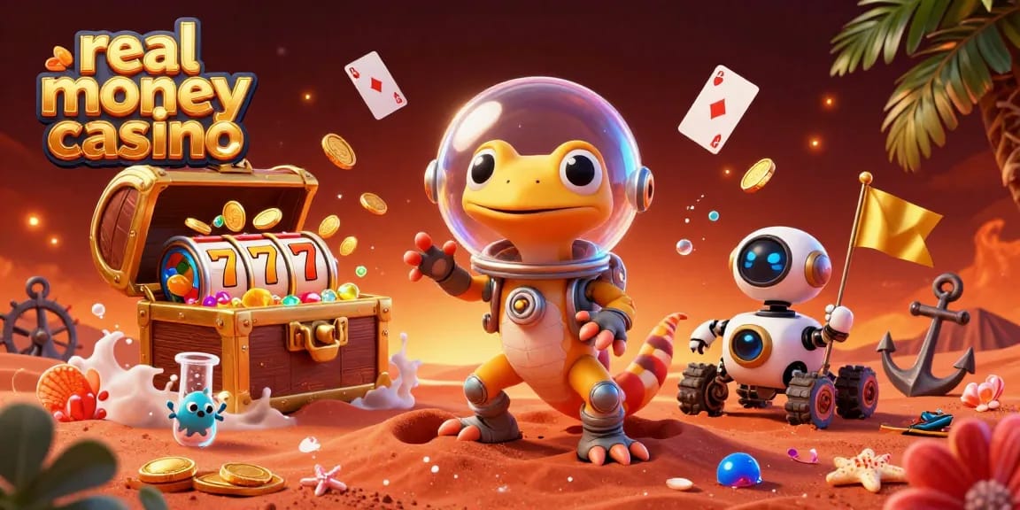 Experience the vibrant thrills of a real money casino adventure in this exciting 3D illustration.