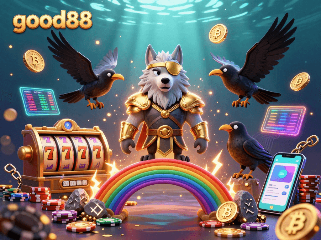 Experience the excitement of good88 with Odin and his ravens in a vibrant casino chip setting.