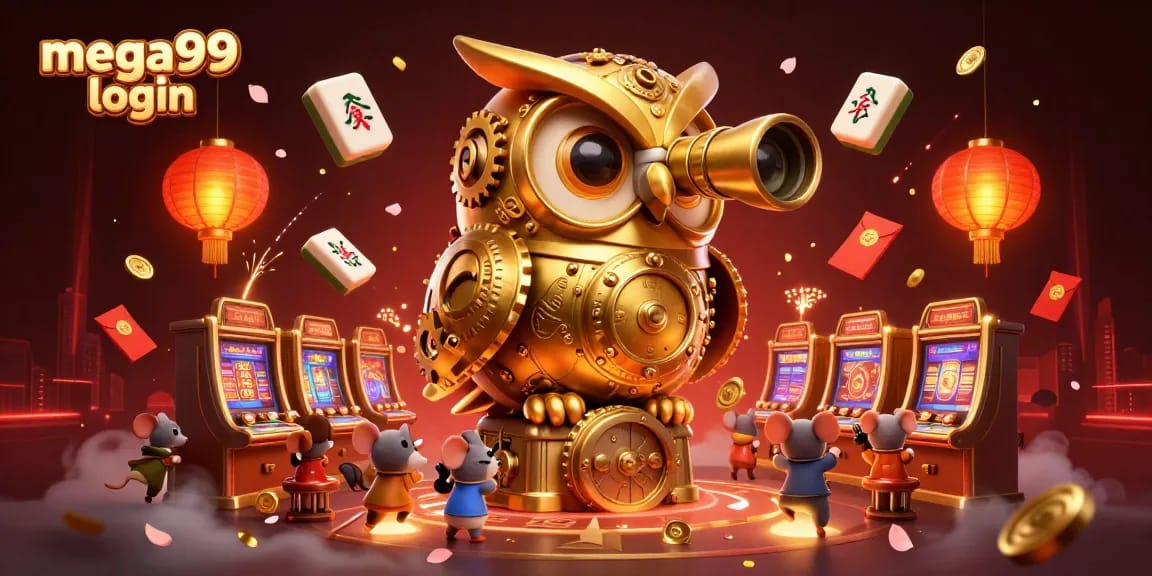 Experience the action of mega99 login, with vibrant casino elements and playful characters in this detailed 3D illustration.