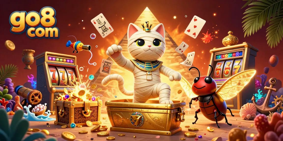 Experience thrilling action at go8 com with a mummy cat and golden treasures in a vibrant casino scene.