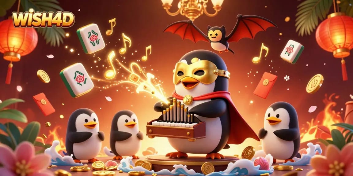 WISH4D menghadirkan pengalaman perjudian dengan penguin opera, koin emas, dan elemen kasino menarik.