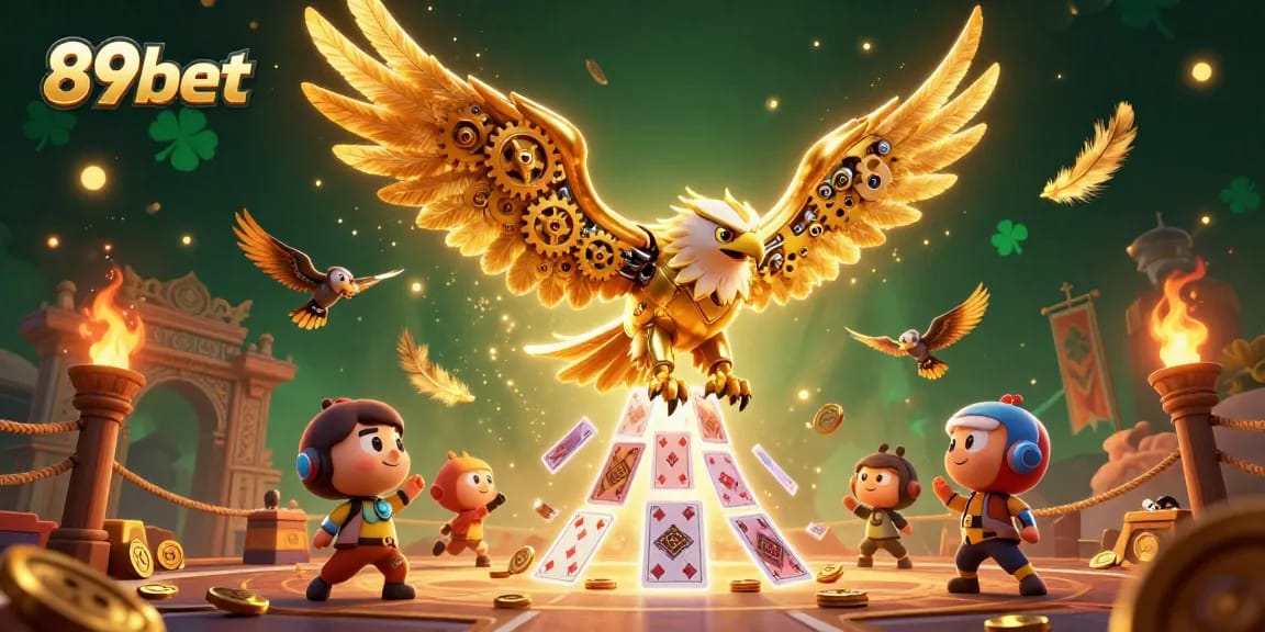 Experience thrilling 89bet action with a dynamic 3D scene featuring a golden eagle and playing cards.
