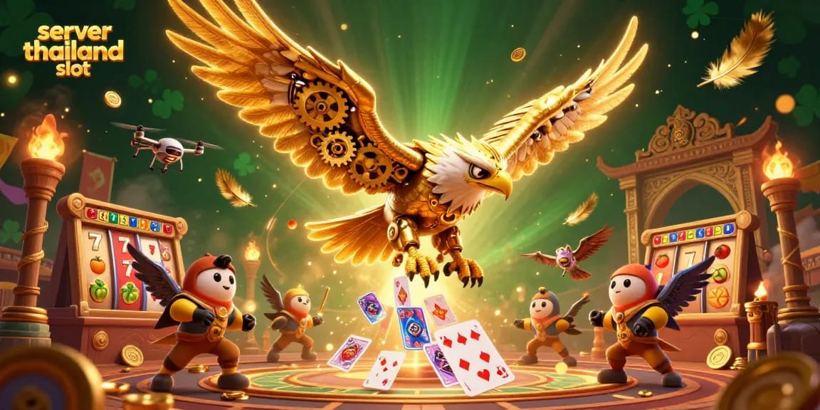 Spin the reels with server thailand slot, a vibrant 3D illustration of an eagle amidst jackpot symbols.