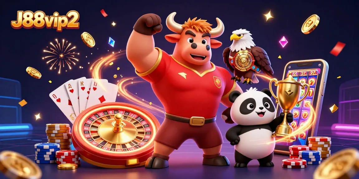 Engage with J88vip2 in a vibrant 3D scene celebrating casino winnings and excitement.