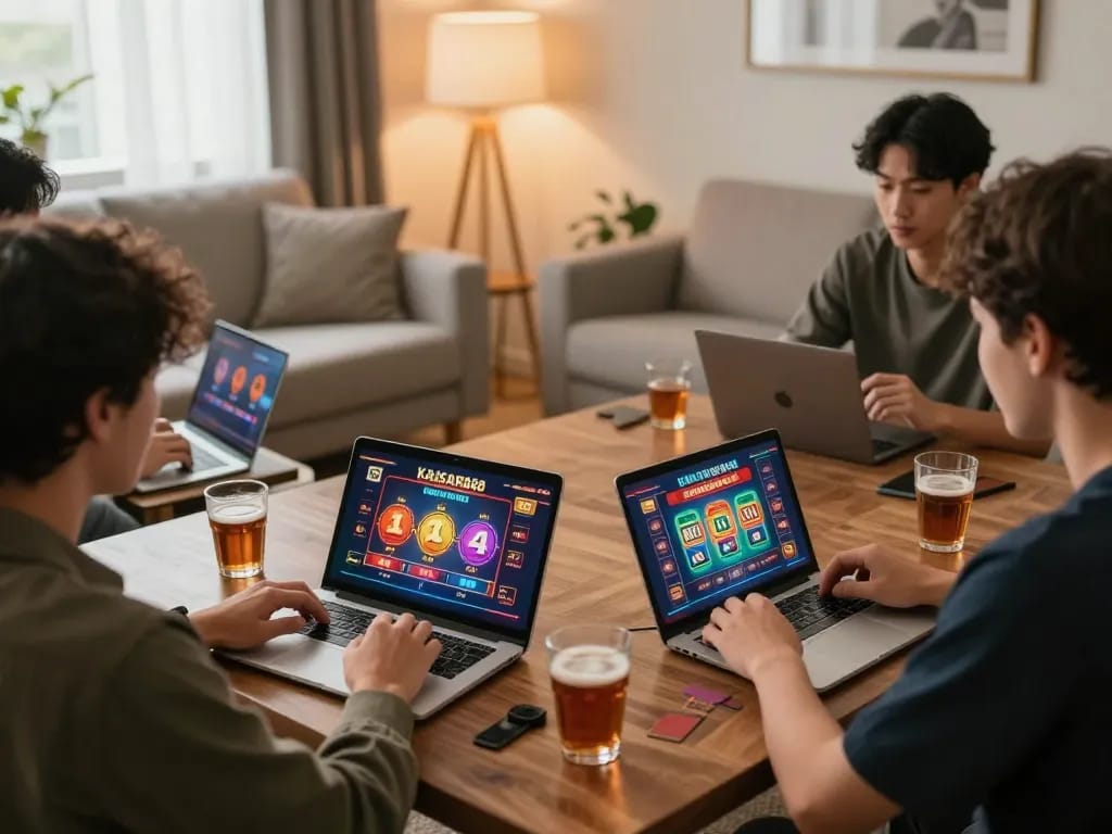 Kaisar 888 players enjoying an engaging online gaming experience from home, focusing on relaxation and smart betting.
