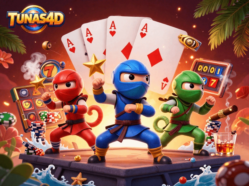 TUNAS4D showcases an exciting scene with ninja chameleon characters amidst slot gaming elements, embodying energy and gambling action.