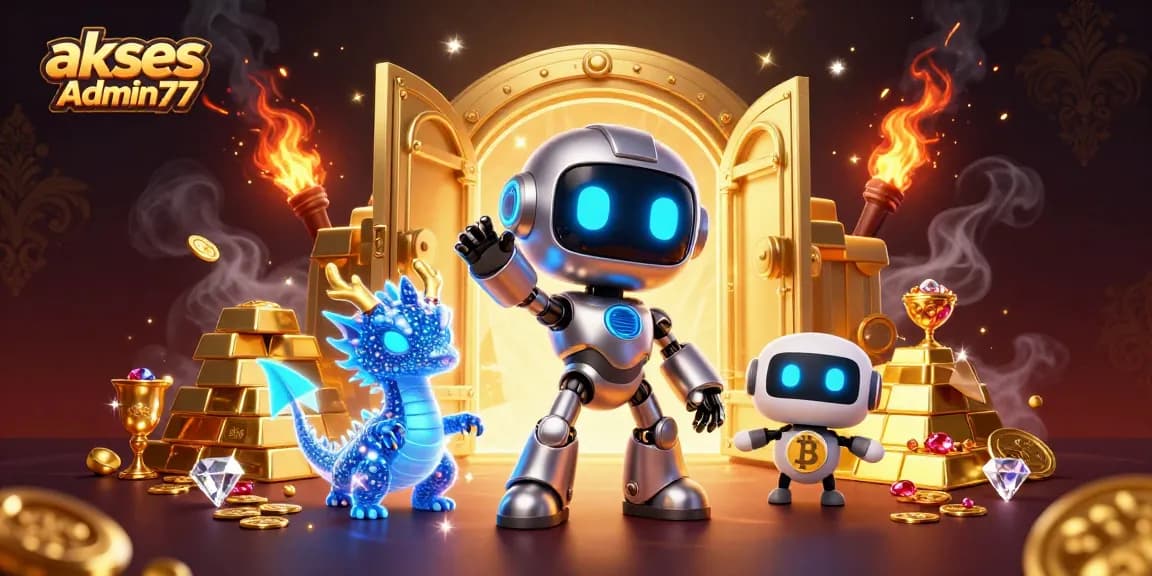 Experience thrilling wins with akses Admin77, featuring a vibrant 3D illustration of cyberpunk characters in a casino