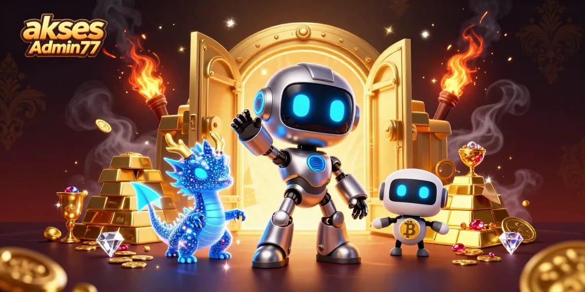 Experience thrilling wins with akses Admin77, featuring a vibrant 3D illustration of cyberpunk characters in a casino