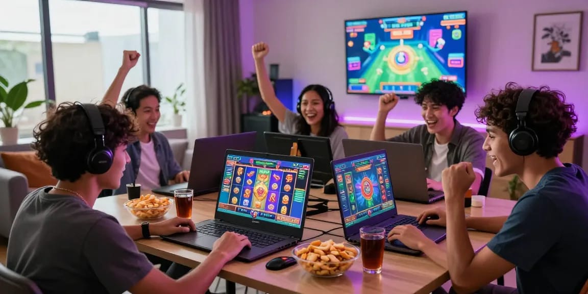 Friends enjoying situs slot gacor gaming on a laptop with vibrant graphics