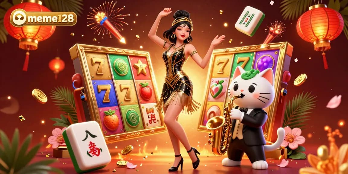 Experience thrilling gameplay with meme128, illustrated by a stylish woman and a saxophone cat amid dynamic slot machine elements.